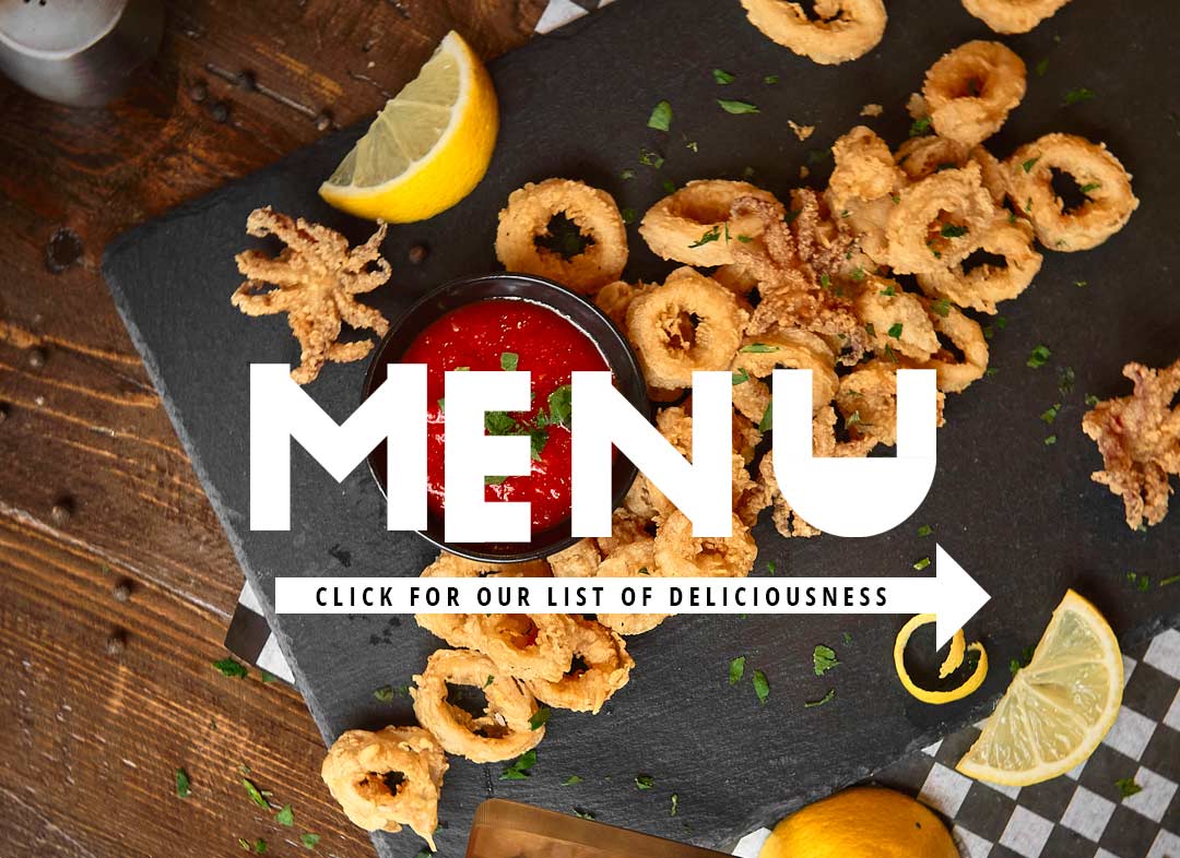 Fried calamari with MENU title and click for the list of deliciousness
