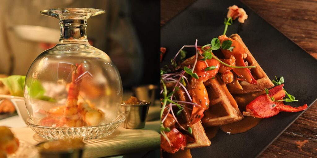 Smoked and grilled shrimps with lobster on homemade waffle at Le Polisson in Old Montreal