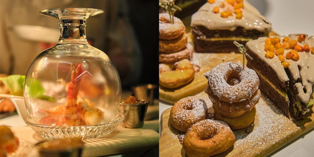 Grilled smoked shrimp and donuts and chocolate cake at Restaurant le Polisson in Old Montreal