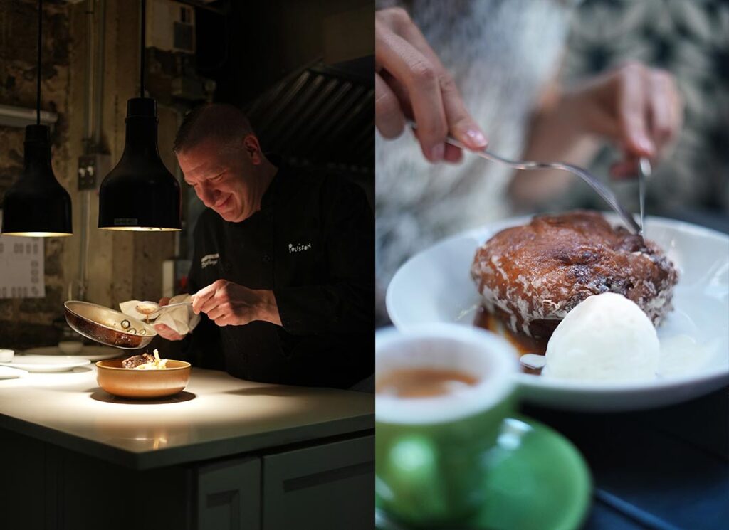 Chef Derek Curzi saucing restaurant le Polisson and hands cutting an golden brown apple fritter with vanilla ice cream in Old Montreal