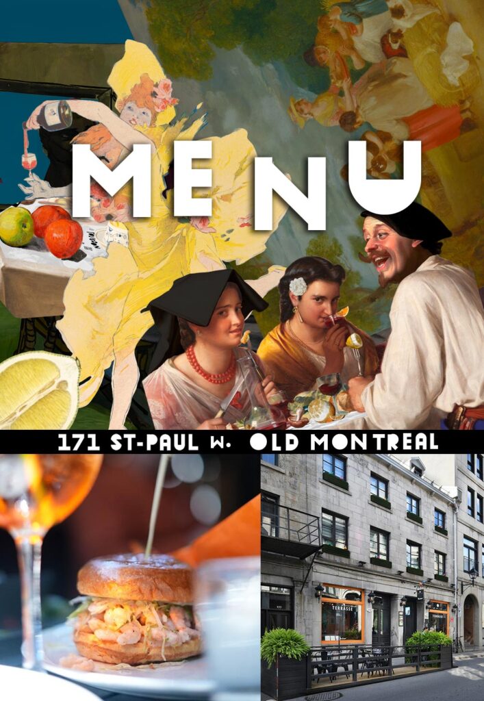 Art montage of seafood for Resto le Polisson in Montreal's Old Port with shrimp roll and building façade at 171 rue St-Paul O/W Vieux-Montréal
