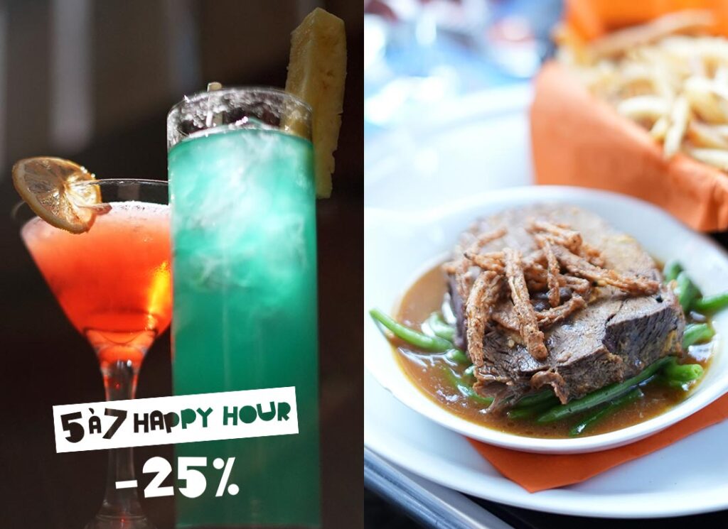 Cocktails during happy hour are 25% off in Old Montreal's Le Polisson with the image of our saucy braised beef and fries.